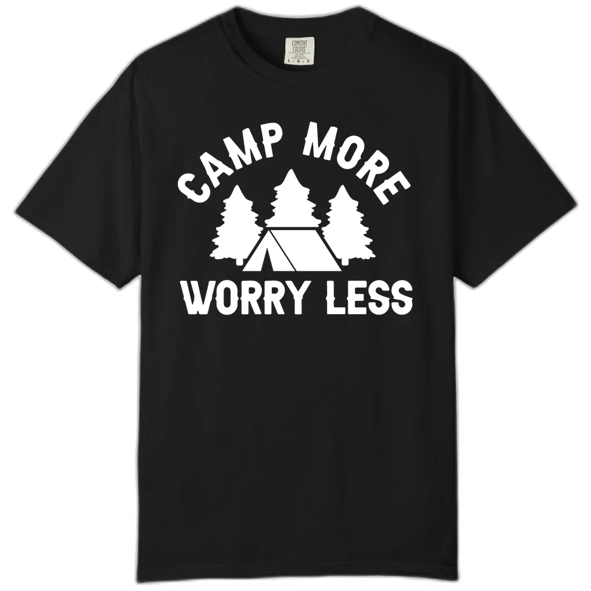 Camp more worry less design with tent and evergreen trees illustration on gray background in Black