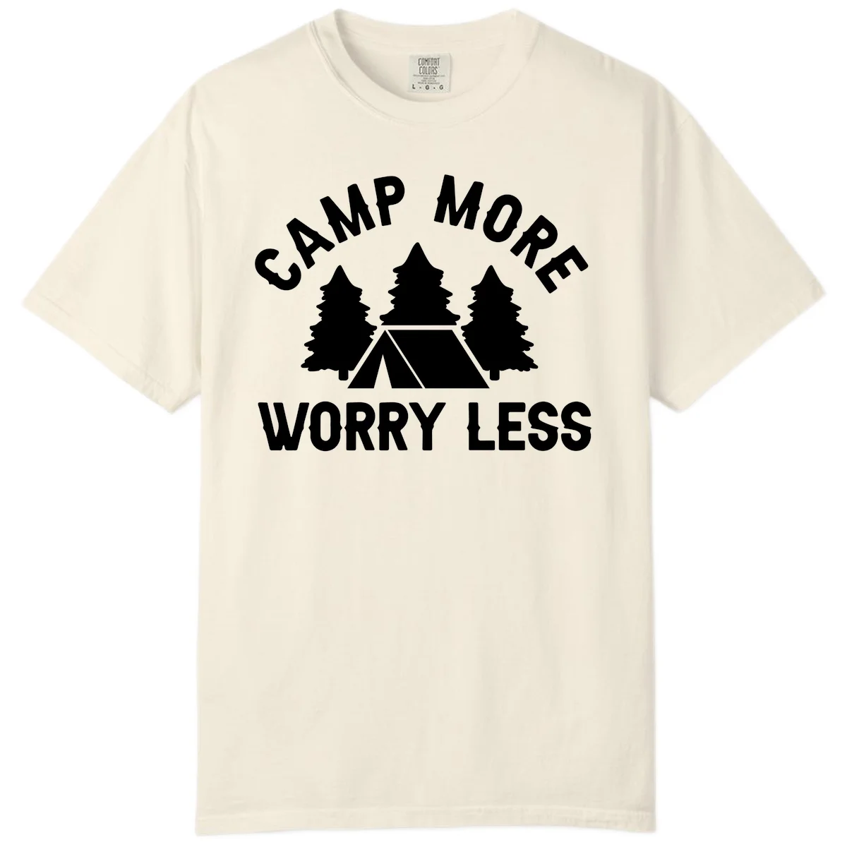Camp more worry less design with tent and evergreen trees illustration on gray background in Ivory