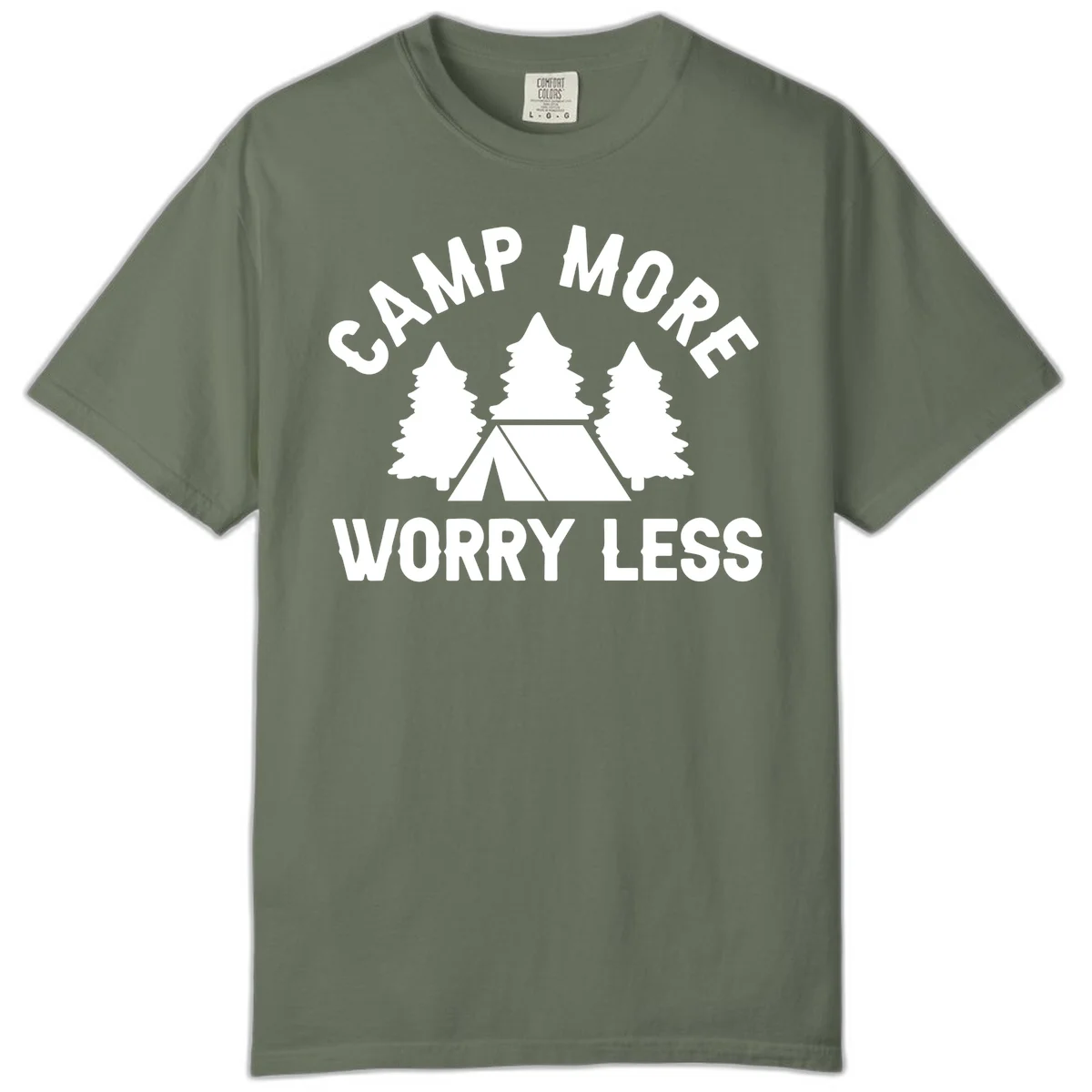 Camp more worry less design with tent and evergreen trees illustration on gray background in Moss