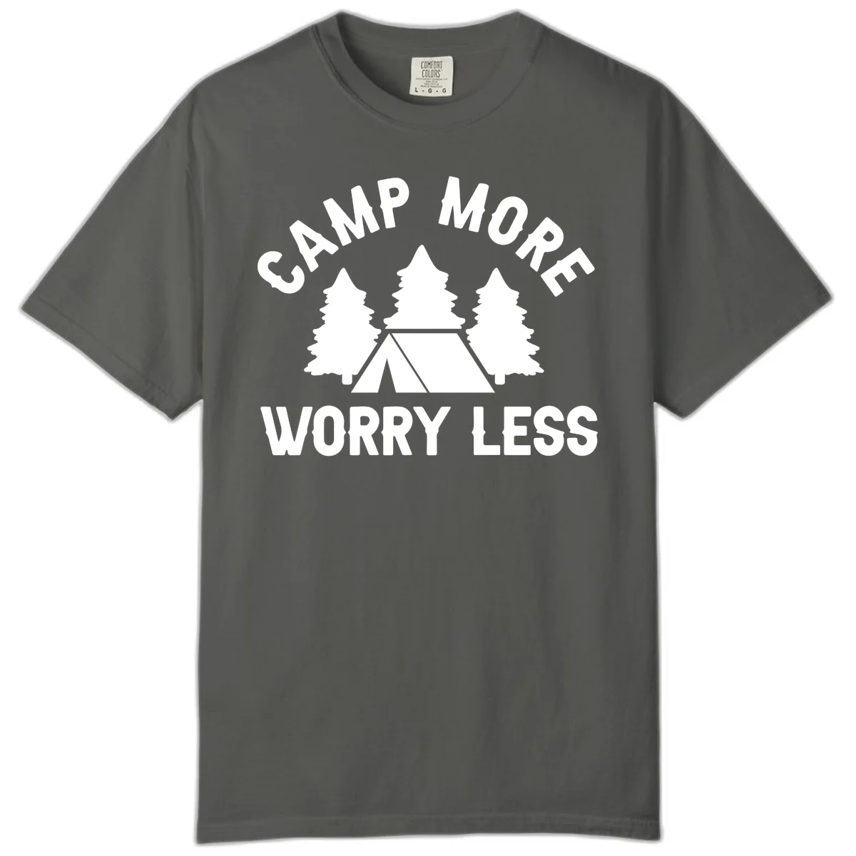 Camp more worry less design with tent and evergreen trees illustration on gray background in Pepper