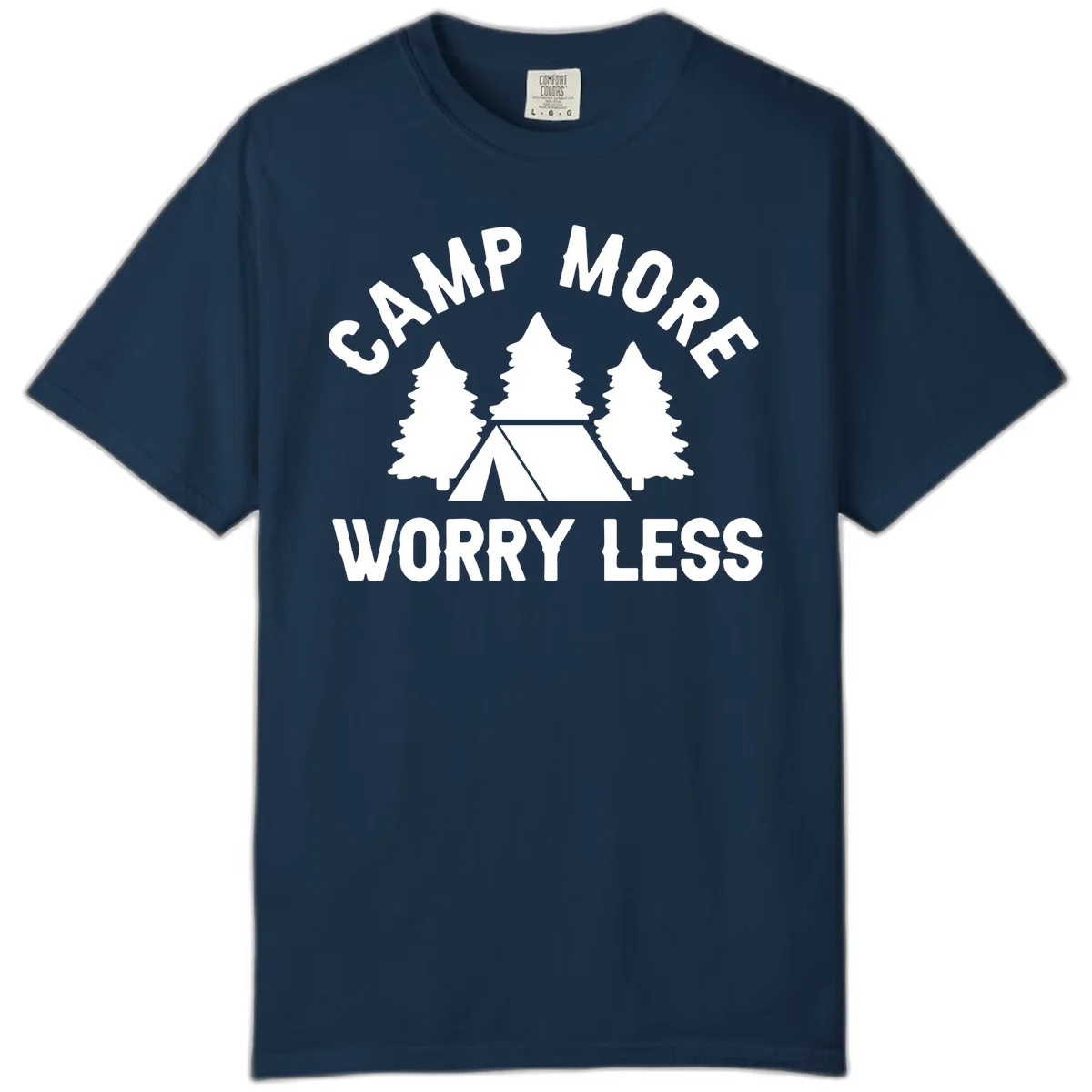 Camp more worry less design with tent and evergreen trees illustration on gray background in True Navy