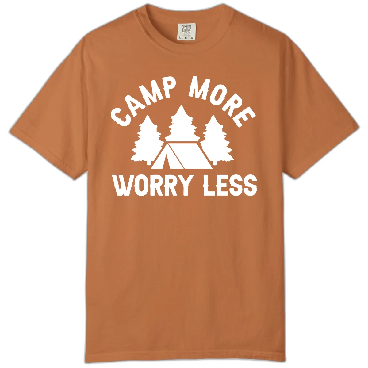 Camp more worry less design with tent and evergreen trees illustration on gray background in Yam