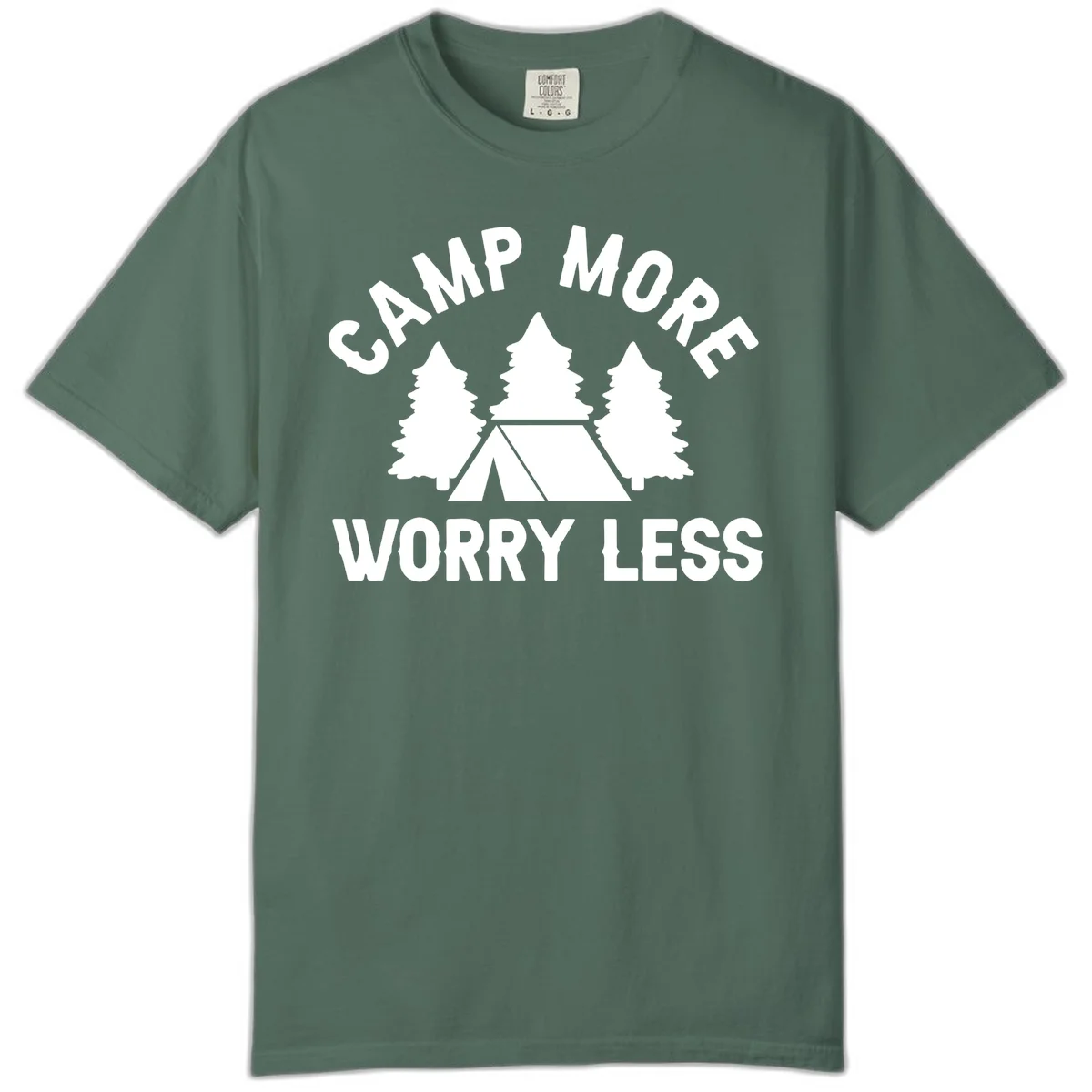 Camp more worry less design with tent and evergreen trees illustration on gray background in Blue Spruce