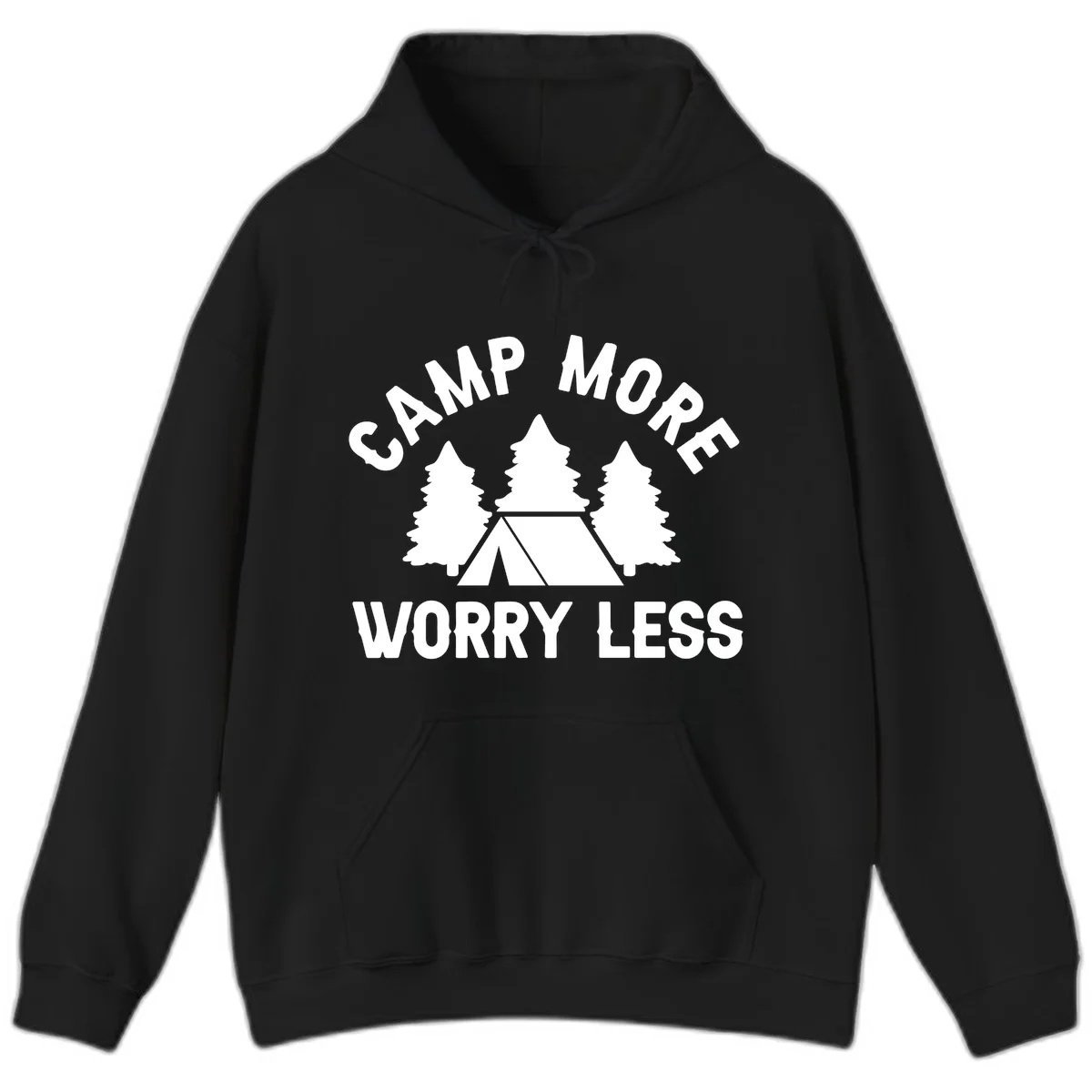 Camp more worry less design with tent and evergreen trees illustration on gray background in Black