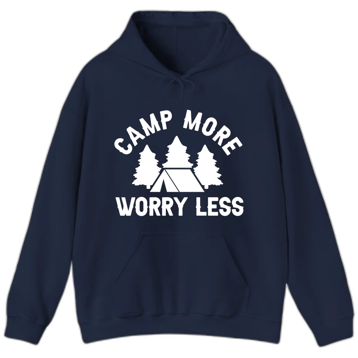 Camp more worry less design with tent and evergreen trees illustration on gray background in Navy
