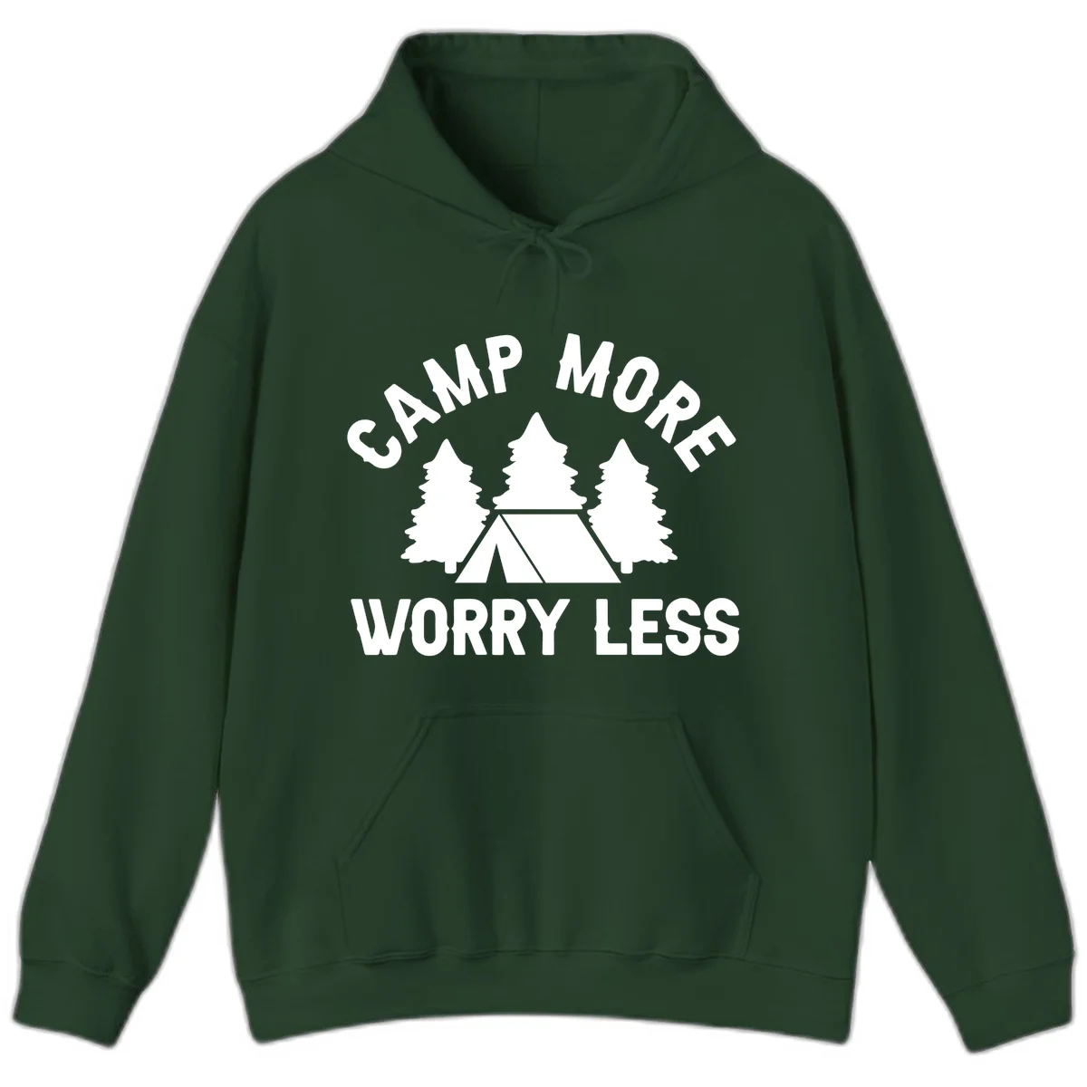 Camp more worry less design with tent and evergreen trees illustration on gray background in Forest Green