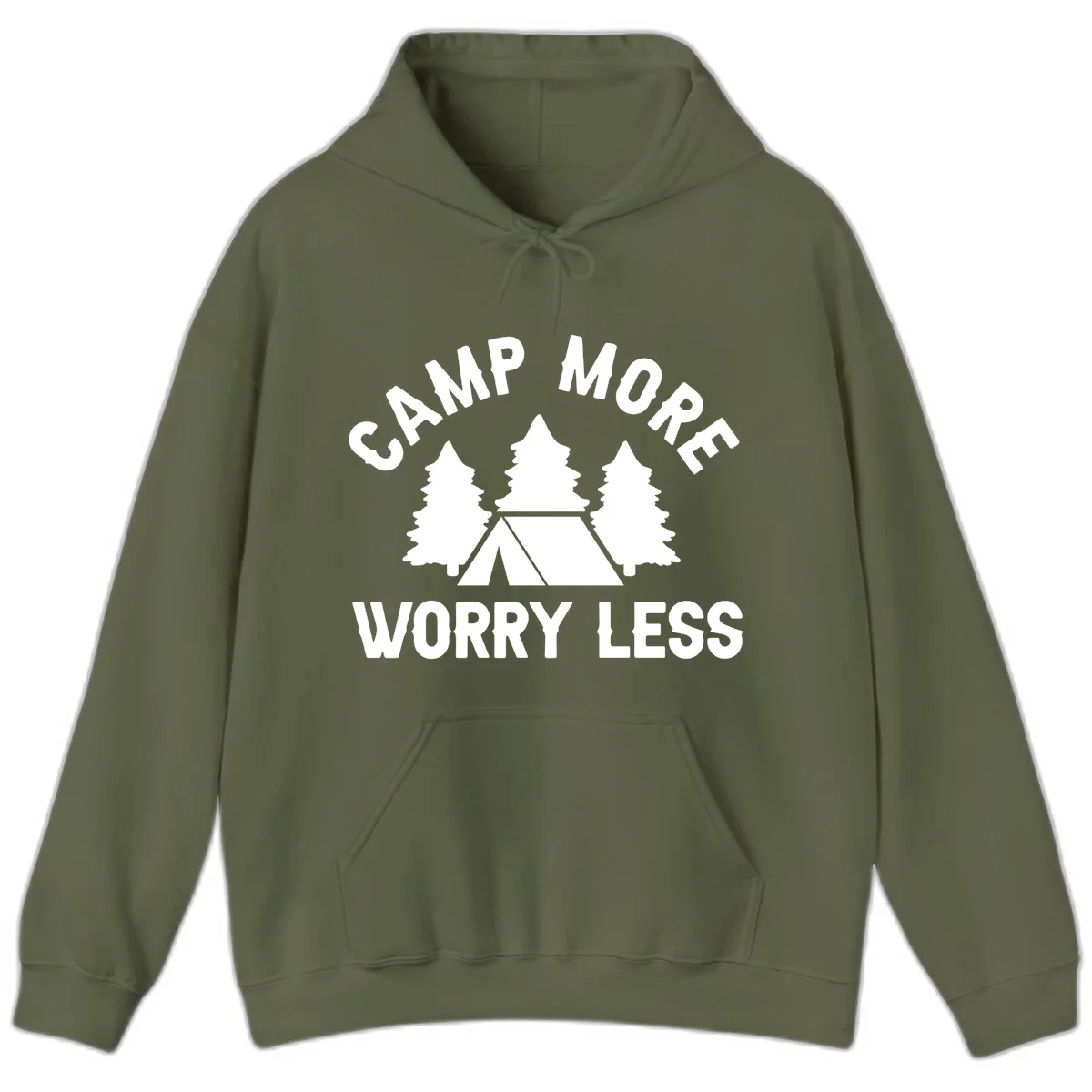 Camp more worry less design with tent and evergreen trees illustration on gray background in Military Green