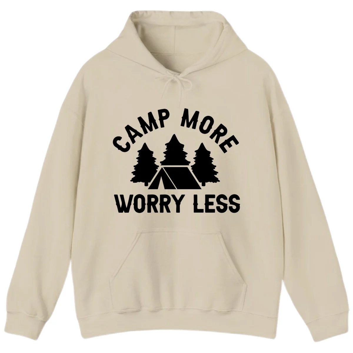 Camp more worry less design with tent and evergreen trees illustration on gray background in Sand