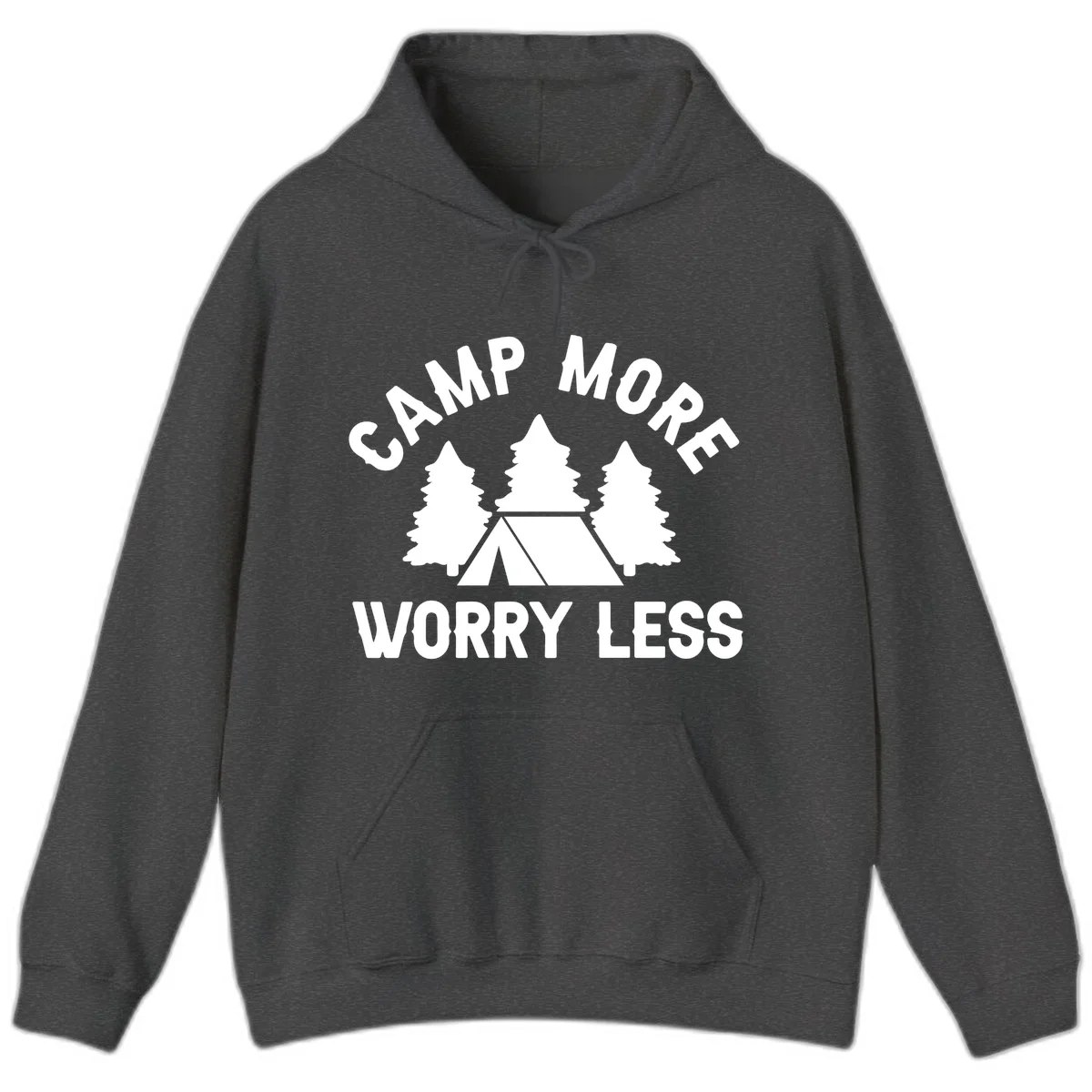 Camp more worry less design with tent and evergreen trees illustration on gray background in Dark Heather