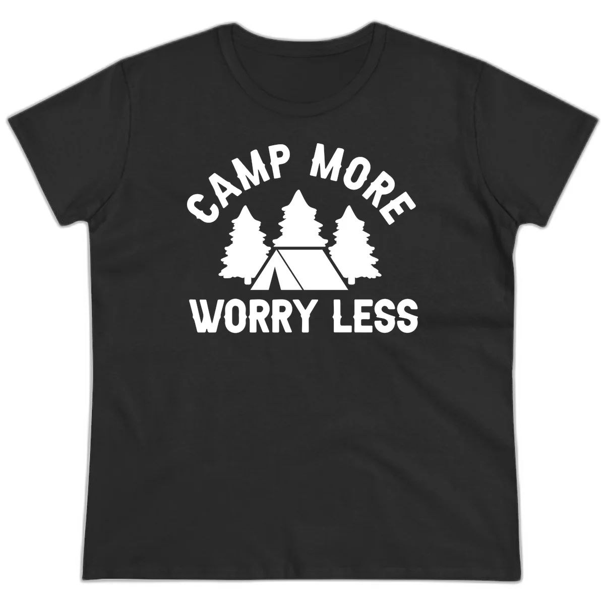 Camp more worry less design with tent and evergreen trees illustration on gray background in Black