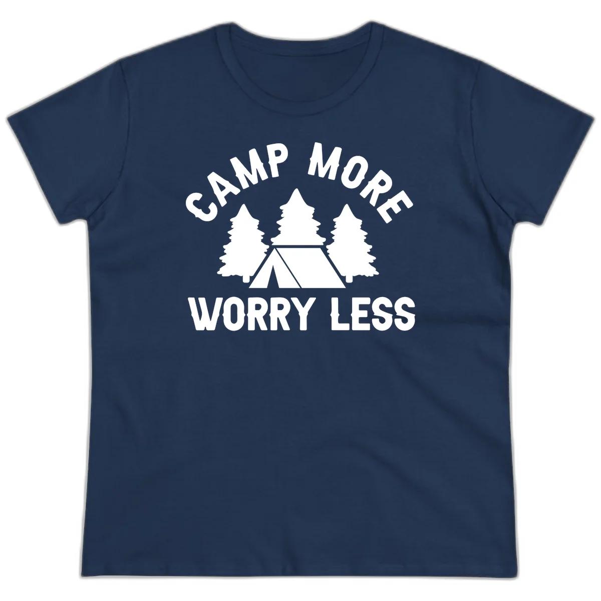 Camp more worry less design with tent and evergreen trees illustration on gray background in Navy