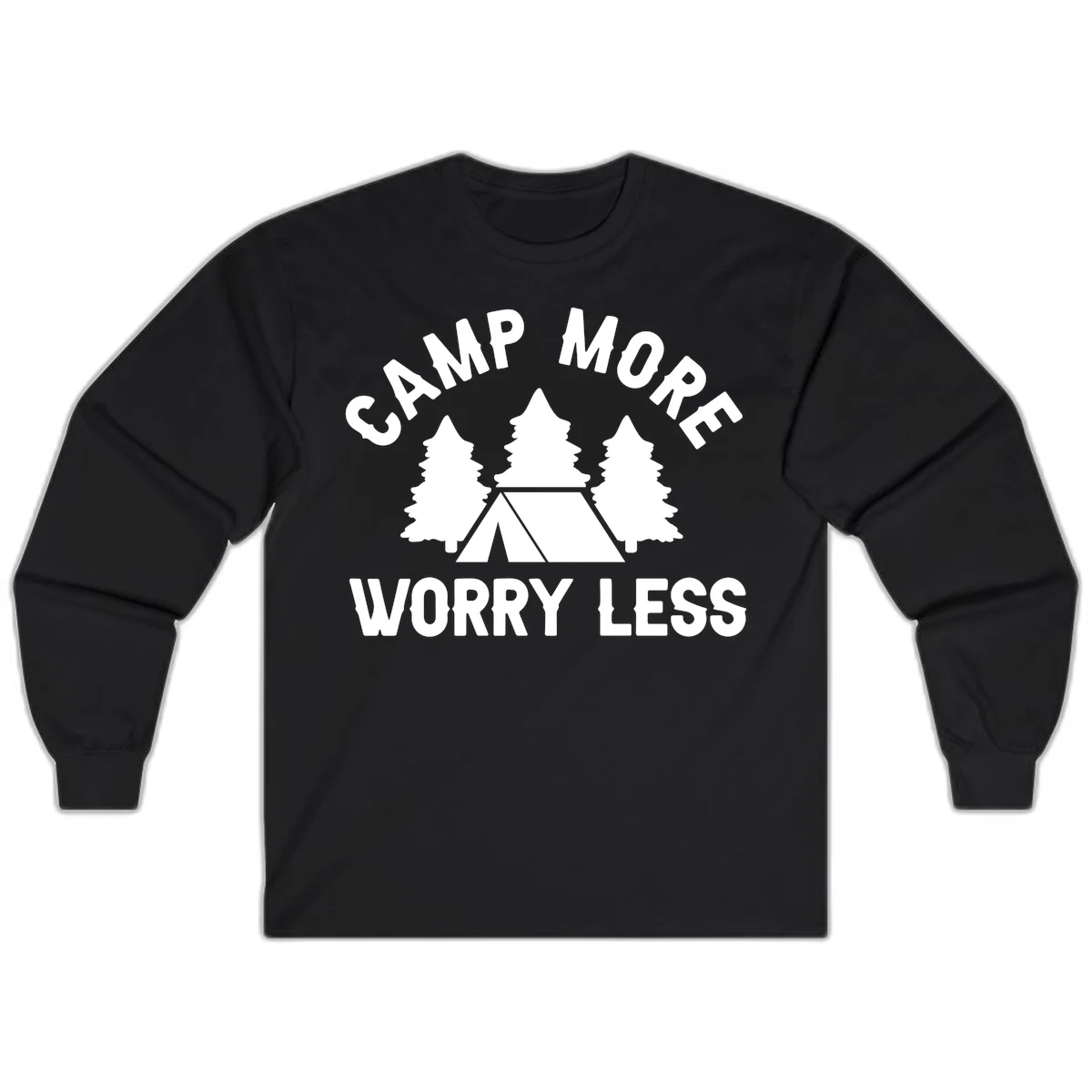 Camp more worry less design with tent and evergreen trees illustration on gray background in Black