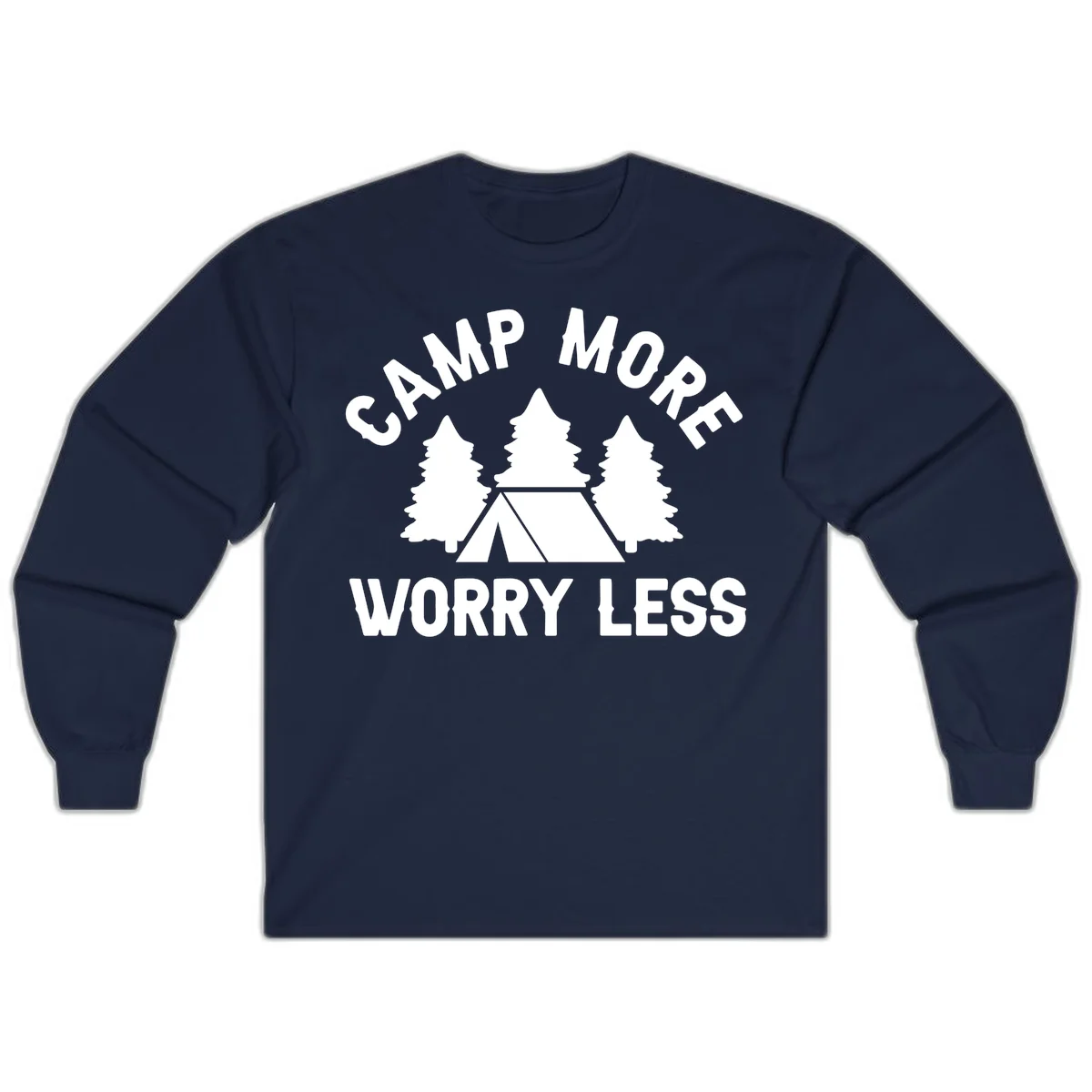 Camp more worry less design with tent and evergreen trees illustration on gray background in Navy