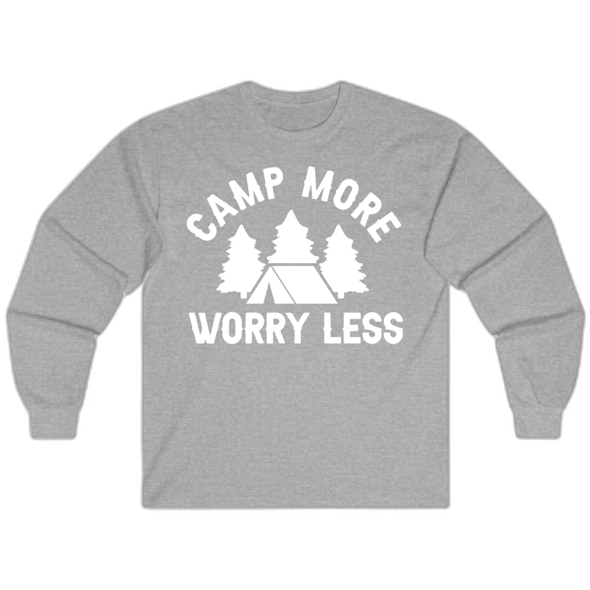 Camp more worry less design with tent and evergreen trees illustration on gray background in Sport Grey