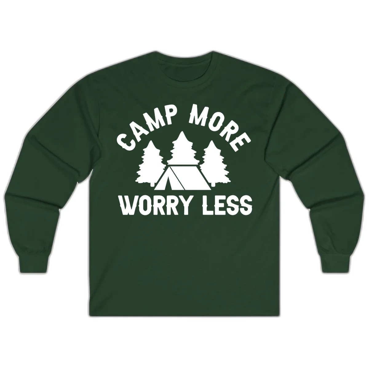 Camp more worry less design with tent and evergreen trees illustration on gray background in Forest Green