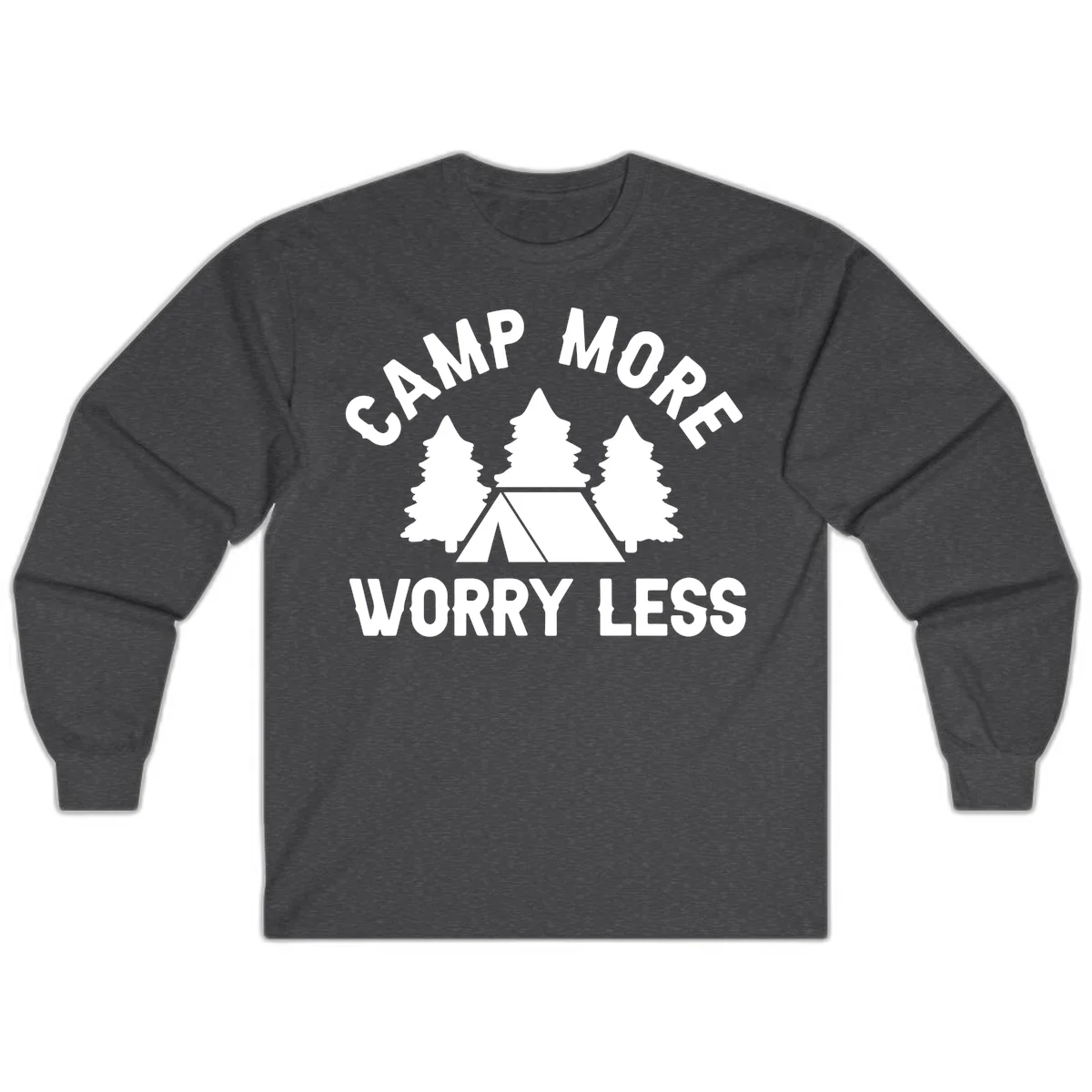 Camp more worry less design with tent and evergreen trees illustration on gray background in Dark Heather