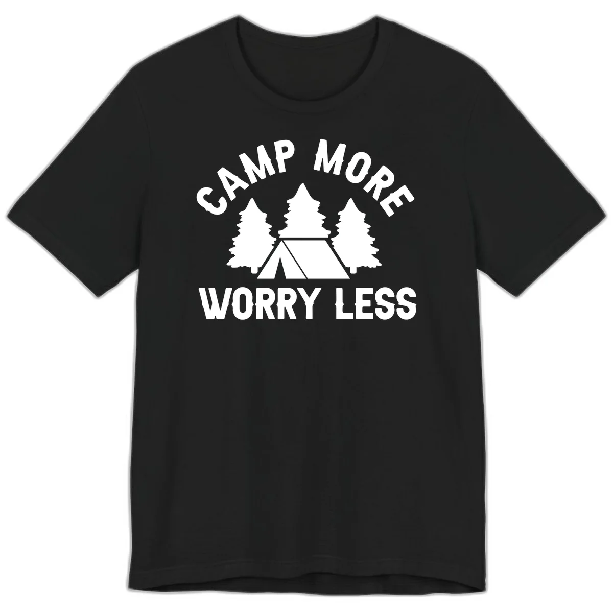 Camp more worry less design with tent and evergreen trees illustration on gray background in Black