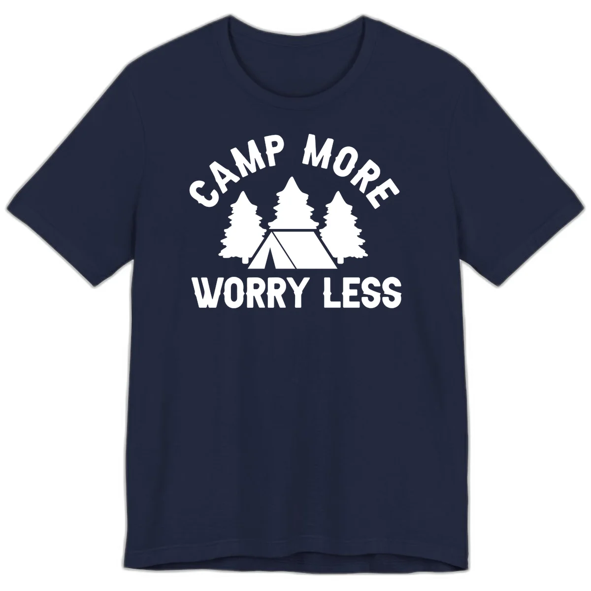 Camp more worry less design with tent and evergreen trees illustration on gray background in Navy