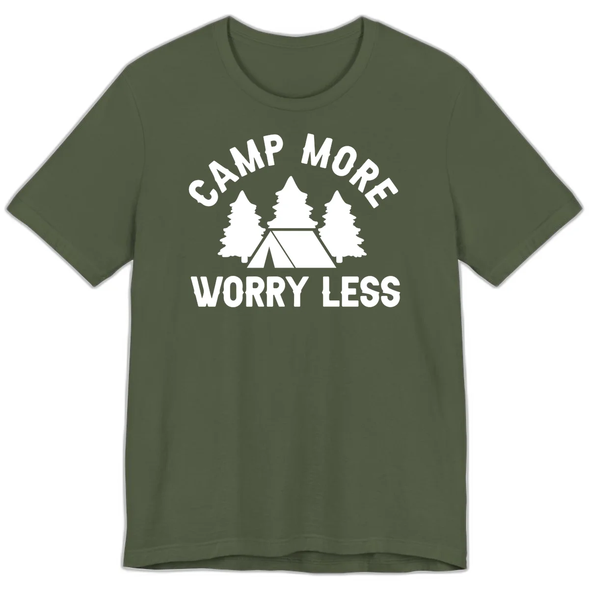 Camp more worry less design with tent and evergreen trees illustration on gray background in Military Green