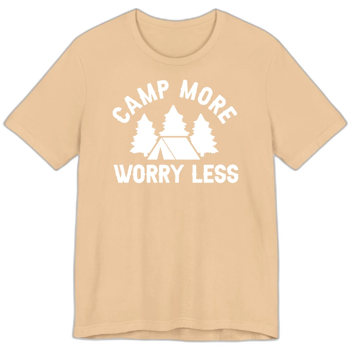 Camp more worry less design with tent and evergreen trees illustration on gray background in Sand Dune