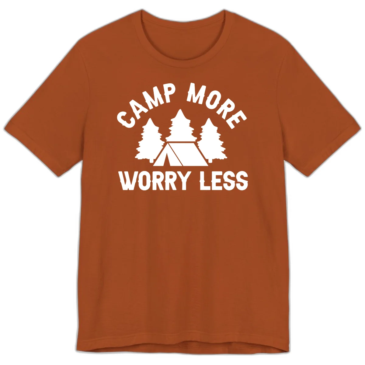 Camp more worry less design with tent and evergreen trees illustration on gray background in Autumn