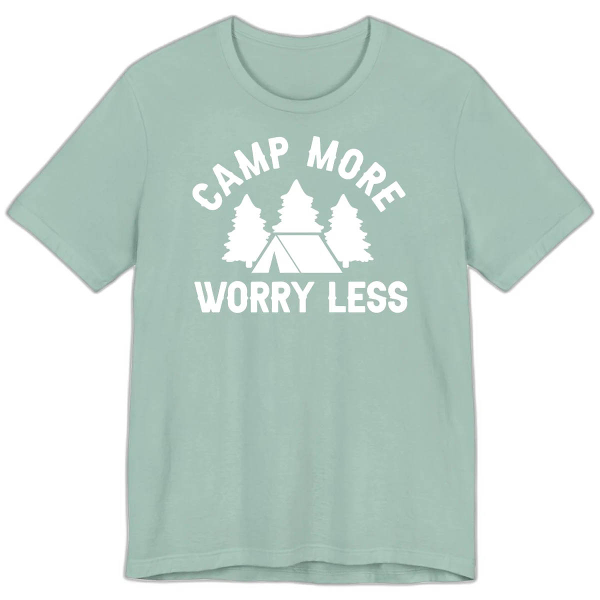 Camp more worry less design with tent and evergreen trees illustration on gray background in Dusty Blue
