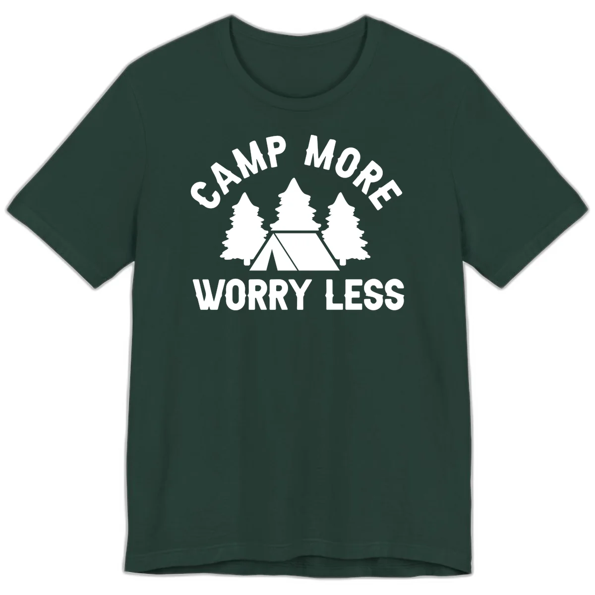 Camp more worry less design with tent and evergreen trees illustration on gray background in Forest