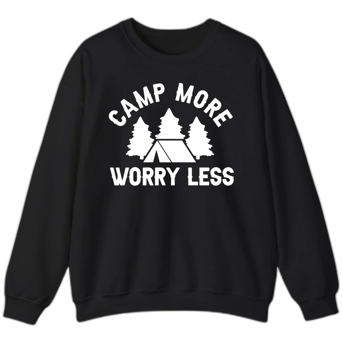 Camp more worry less design with tent and evergreen trees illustration on gray background in Black