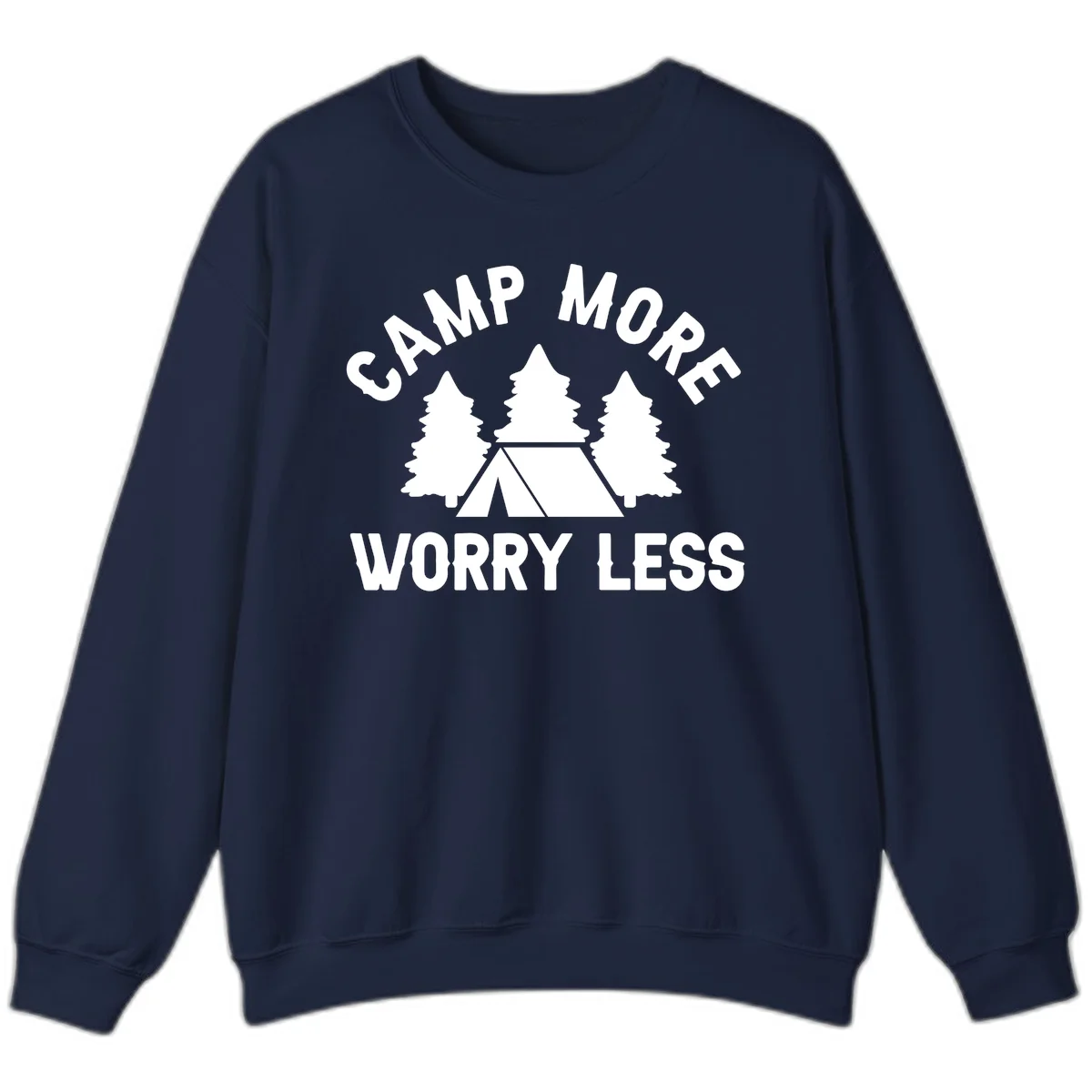 Camp more worry less design with tent and evergreen trees illustration on gray background in Navy
