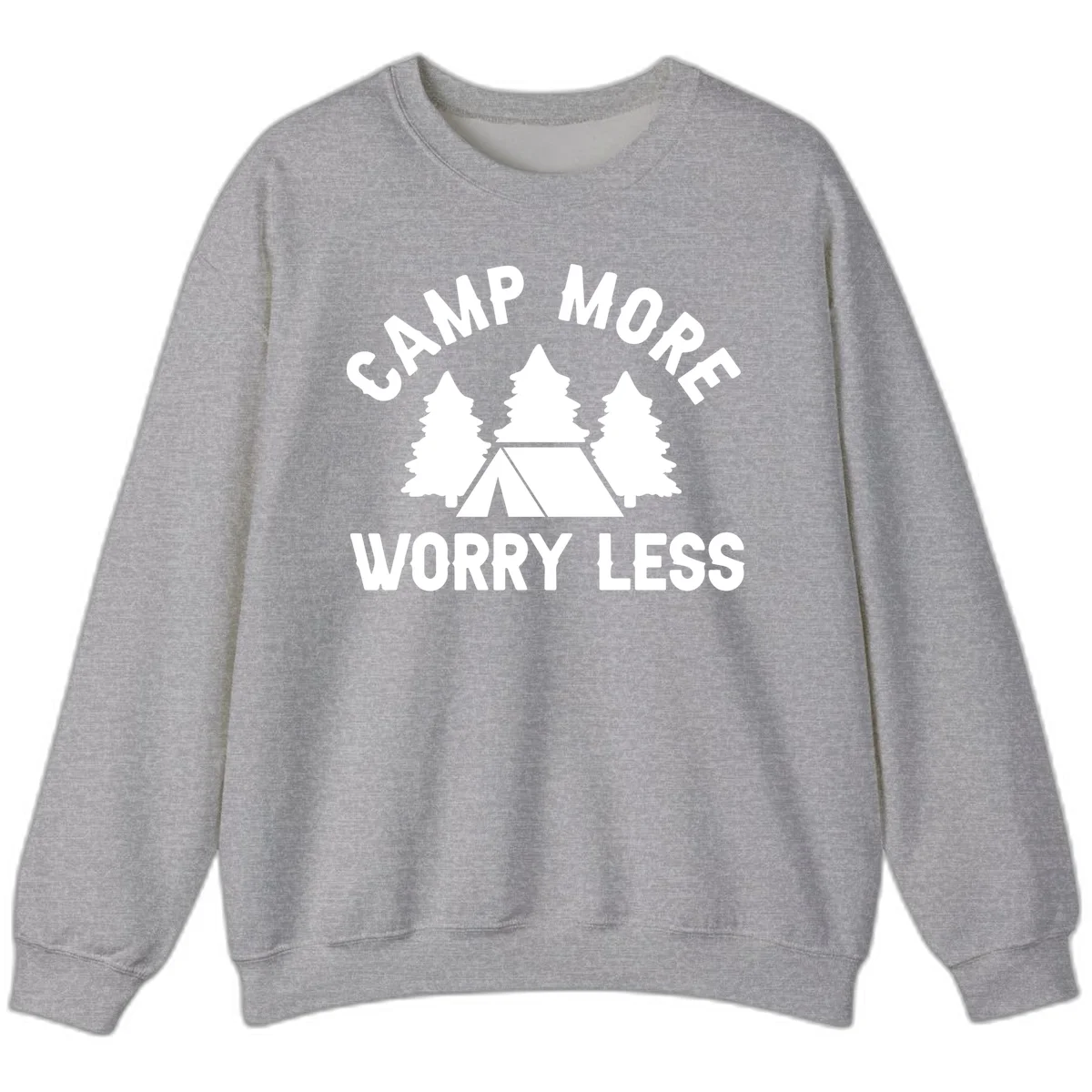 Camp more worry less design with tent and evergreen trees illustration on gray background in Sport Grey