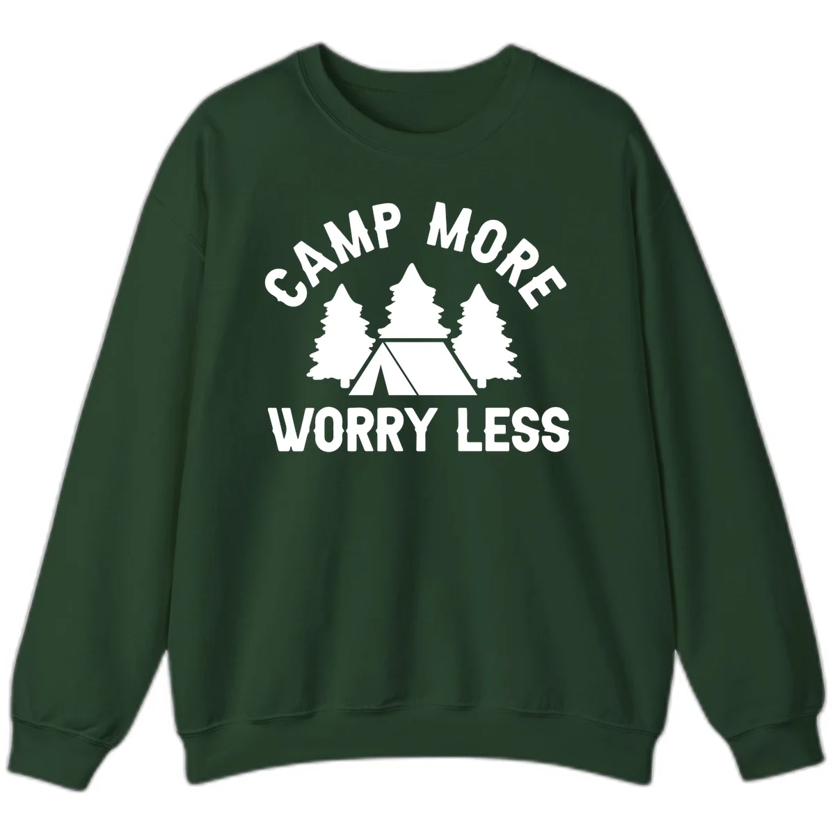 Camp more worry less design with tent and evergreen trees illustration on gray background in Forest Green