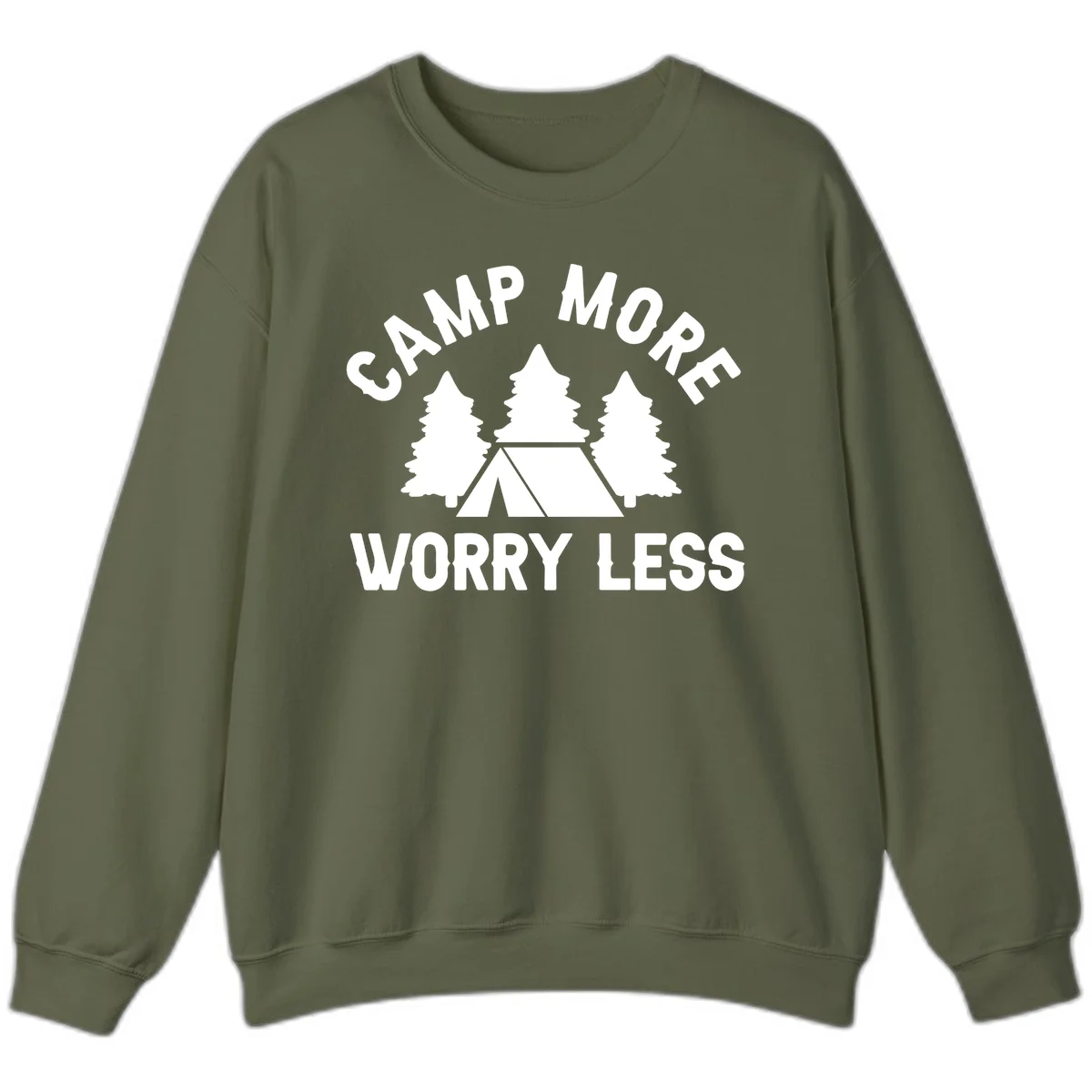 Camp more worry less design with tent and evergreen trees illustration on gray background in Military Green