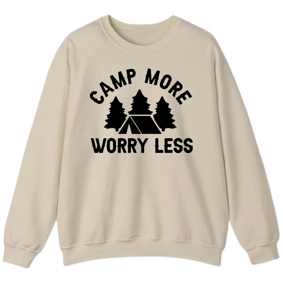 Camp more worry less design with tent and evergreen trees illustration on gray background in Sand