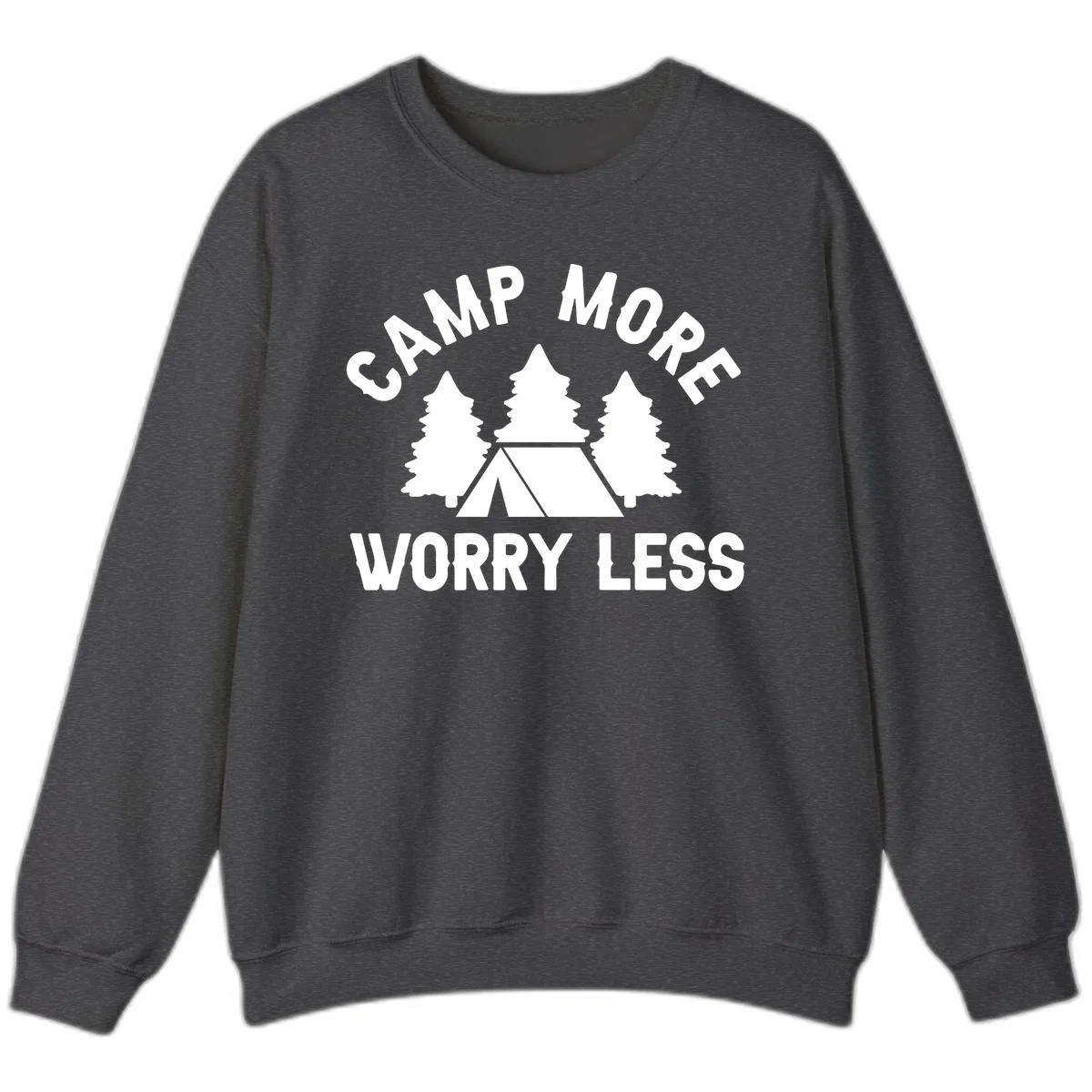 Camp more worry less design with tent and evergreen trees illustration on gray background in Dark Heather