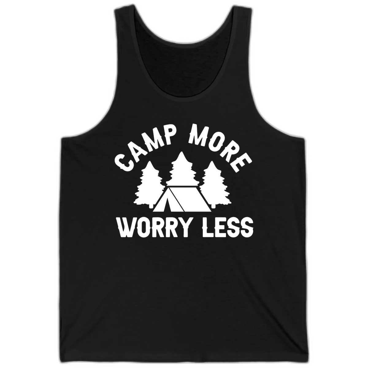 Camp more worry less design with tent and evergreen trees illustration on gray background in Black