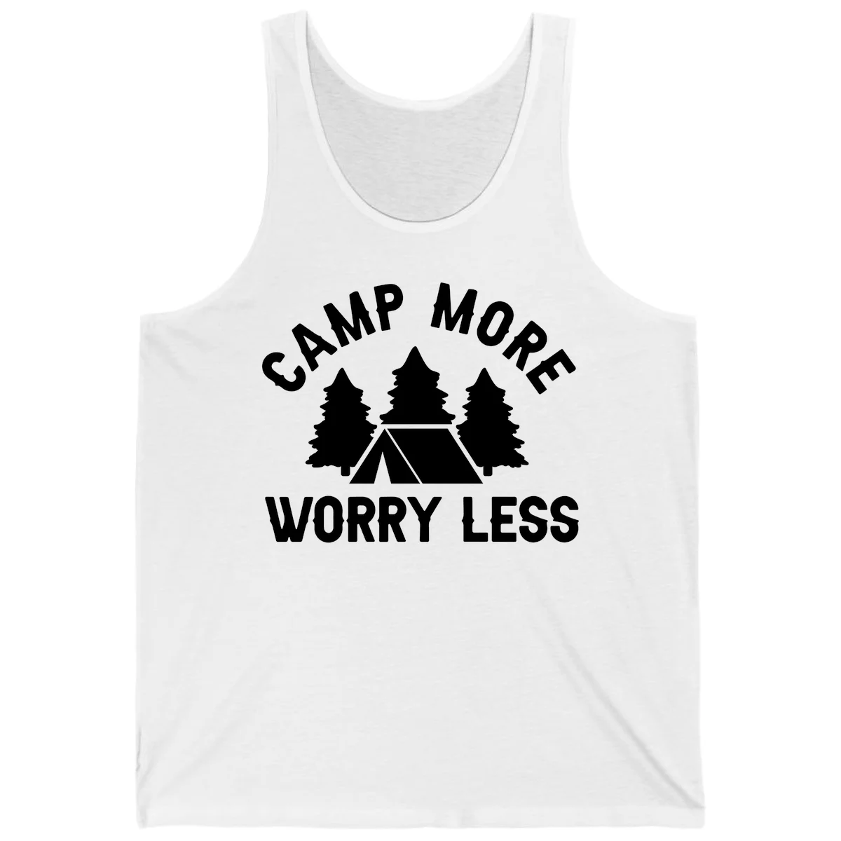 Camp more worry less design with tent and evergreen trees illustration on gray background in White