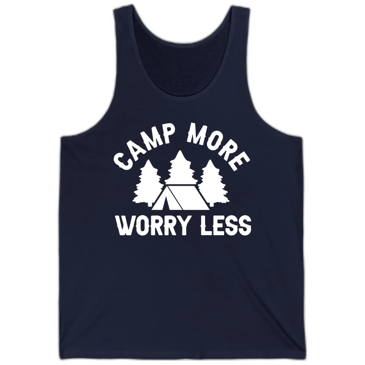 Camp more worry less design with tent and evergreen trees illustration on gray background in Navy