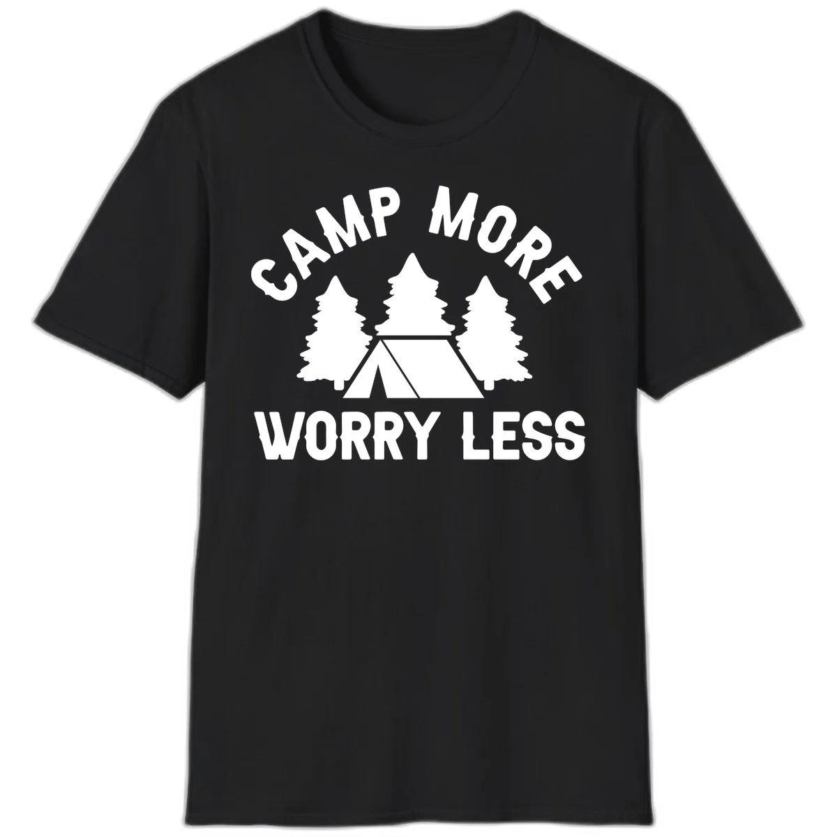 Camp more worry less design with tent and evergreen trees illustration on gray background in Black