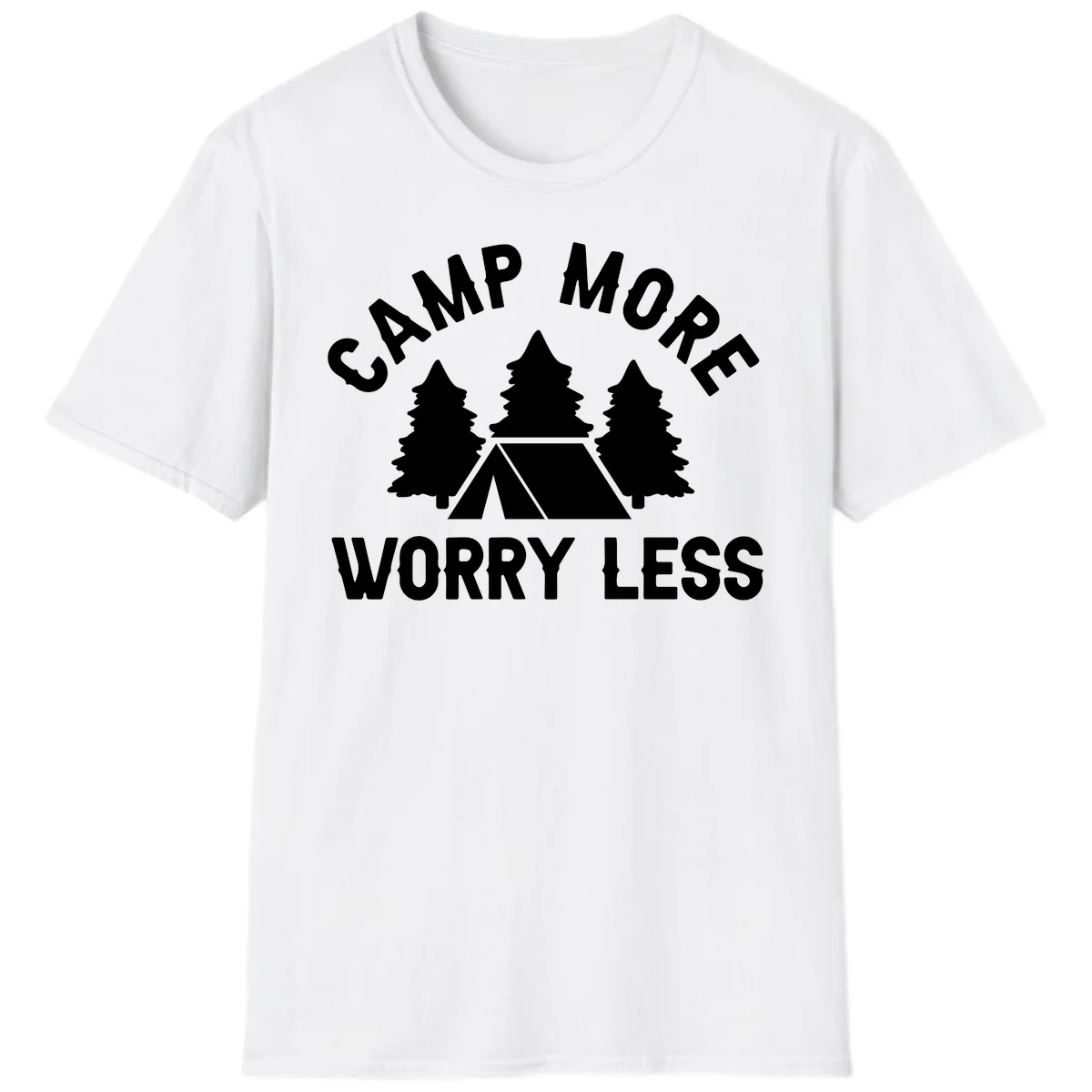 Camp more worry less design with tent and evergreen trees illustration on gray background in White