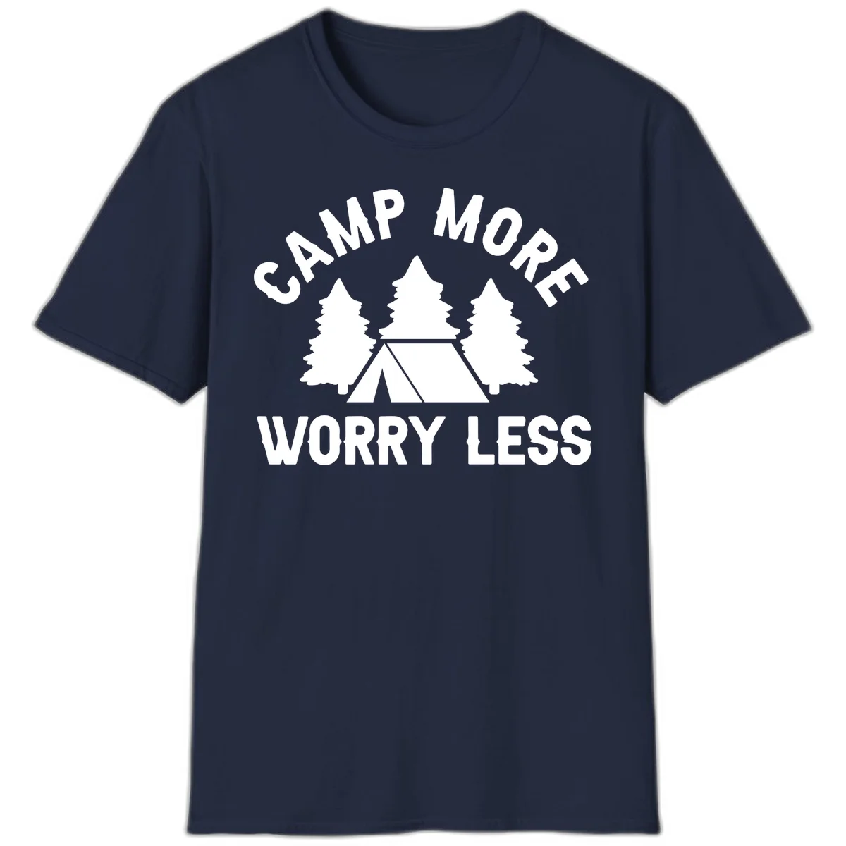 Camp more worry less design with tent and evergreen trees illustration on gray background in Navy