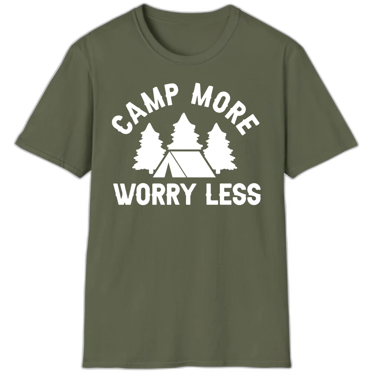 Camp more worry less design with tent and evergreen trees illustration on gray background in Military Green
