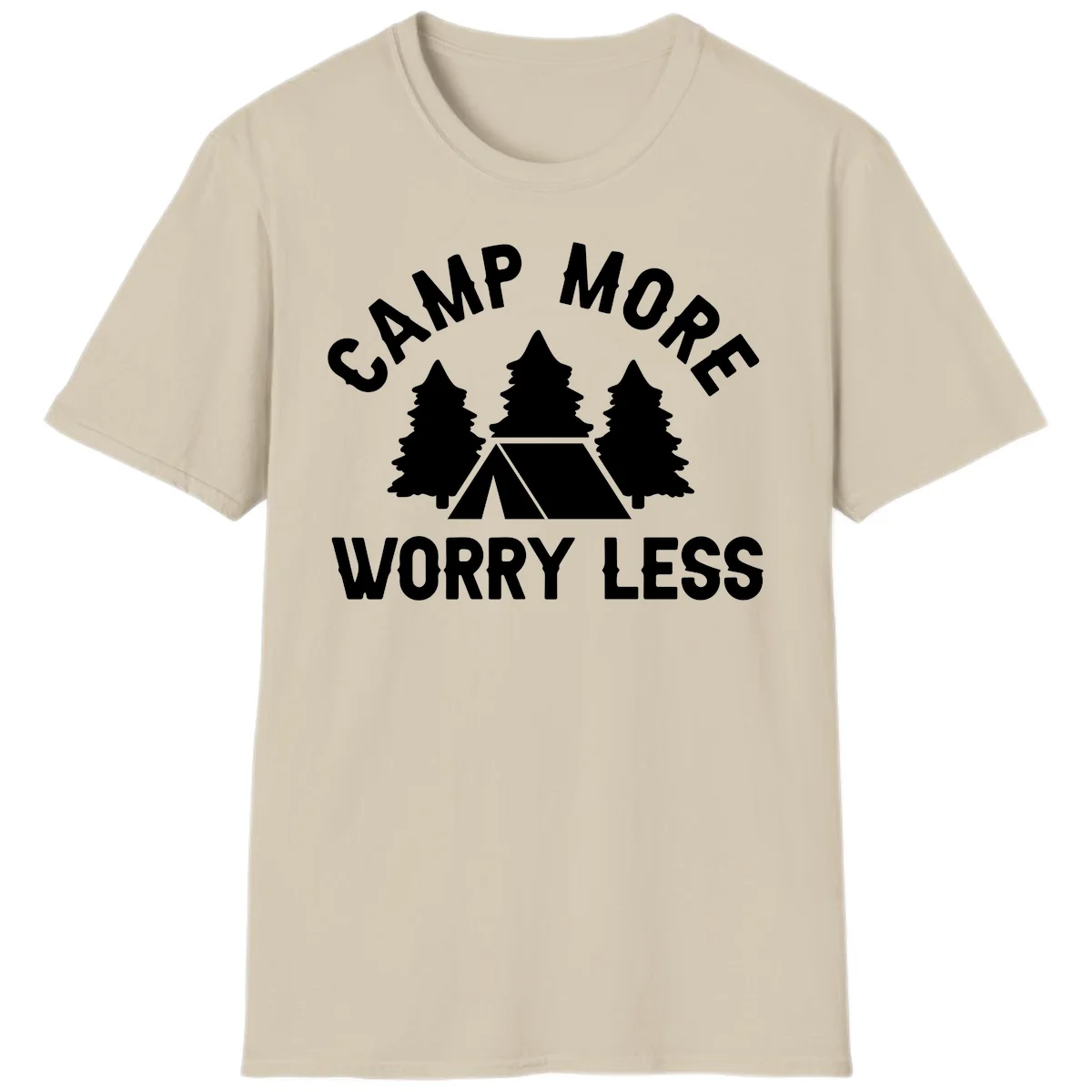 Camp more worry less design with tent and evergreen trees illustration on gray background in Sand