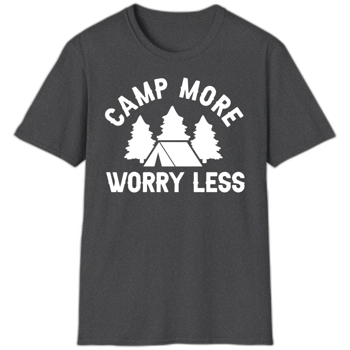 Camp more worry less design with tent and evergreen trees illustration on gray background in Dark Heather