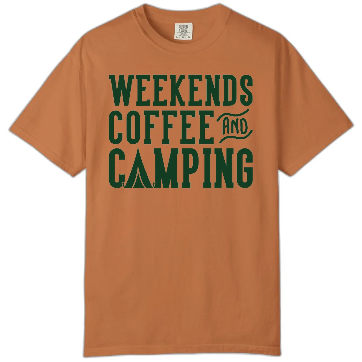 Dark green text reading 'Weekends Coffee And Camping' with tent icon on gray background in Yam