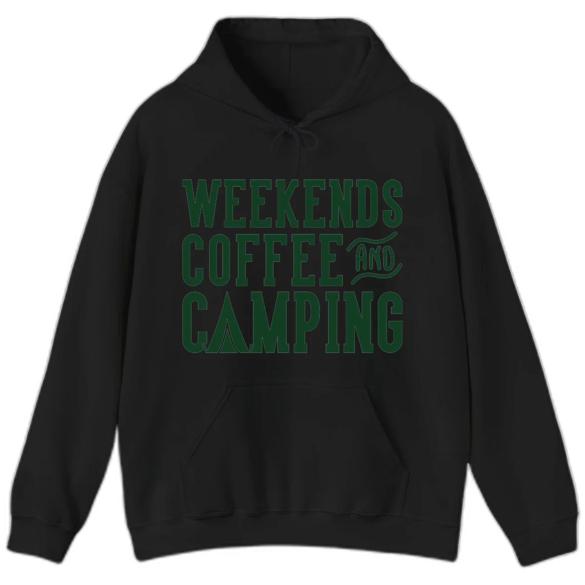 Dark green text reading 'Weekends Coffee And Camping' with tent icon on gray background in Black