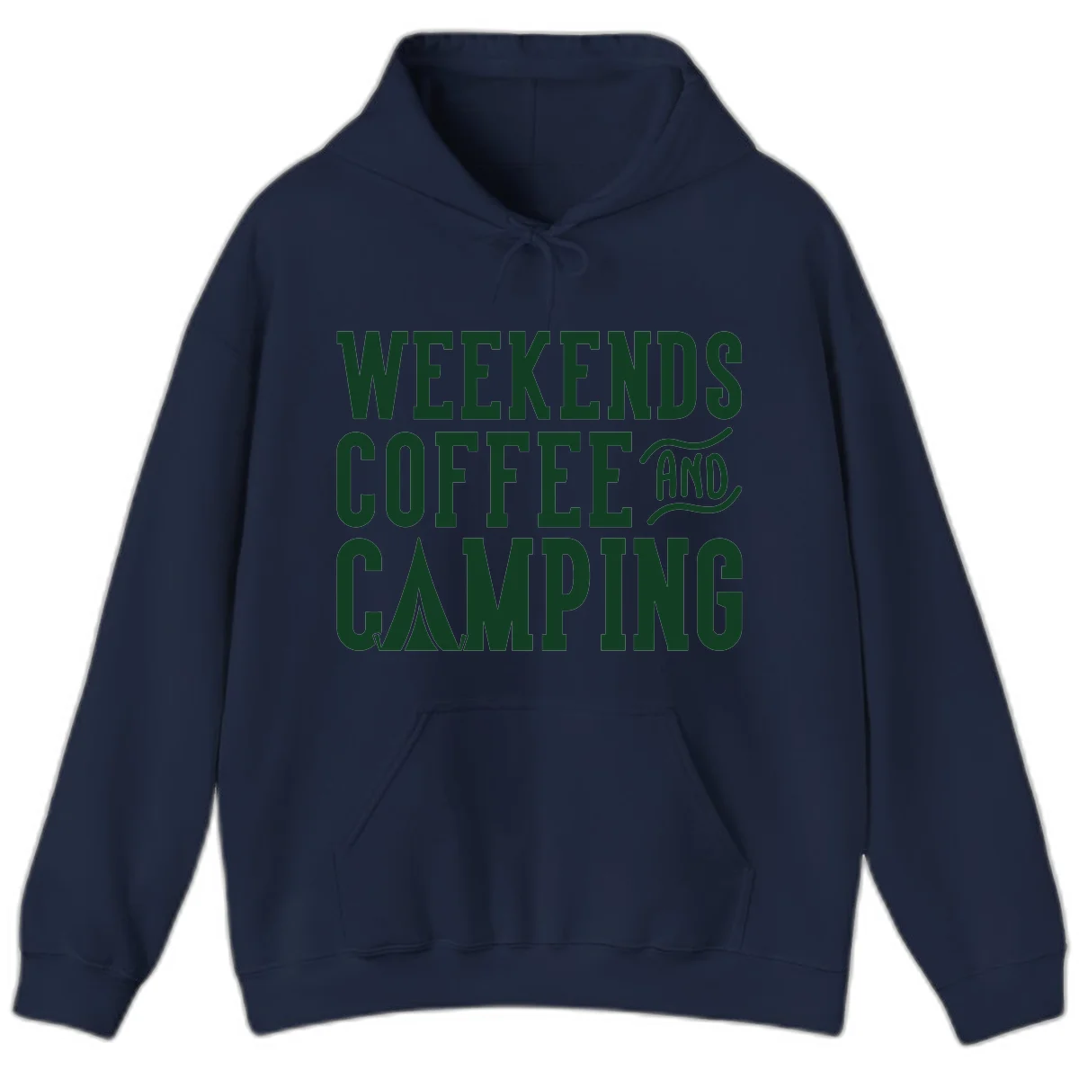 Dark green text reading 'Weekends Coffee And Camping' with tent icon on gray background in Navy