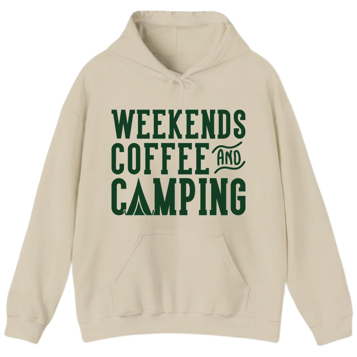 Dark green text reading 'Weekends Coffee And Camping' with tent icon on gray background in Sand