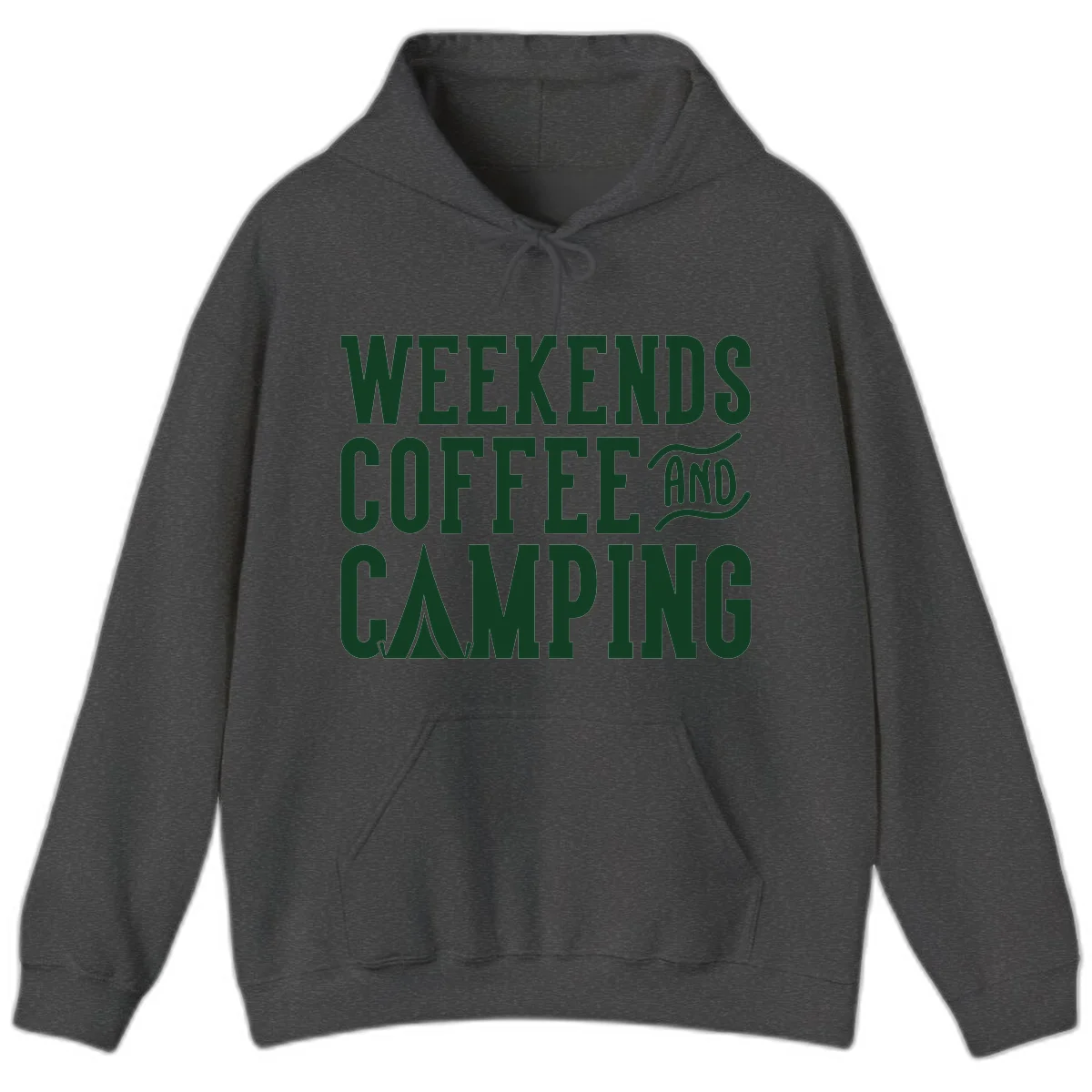 Dark green text reading 'Weekends Coffee And Camping' with tent icon on gray background in Dark Heather