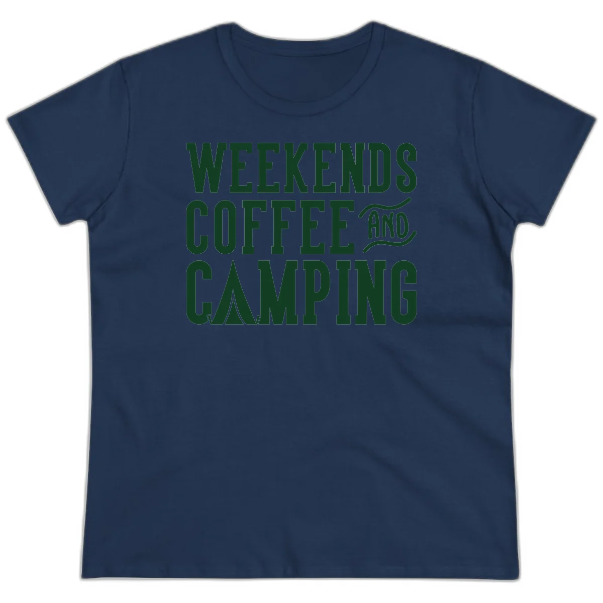 Dark green text reading 'Weekends Coffee And Camping' with tent icon on gray background in Navy