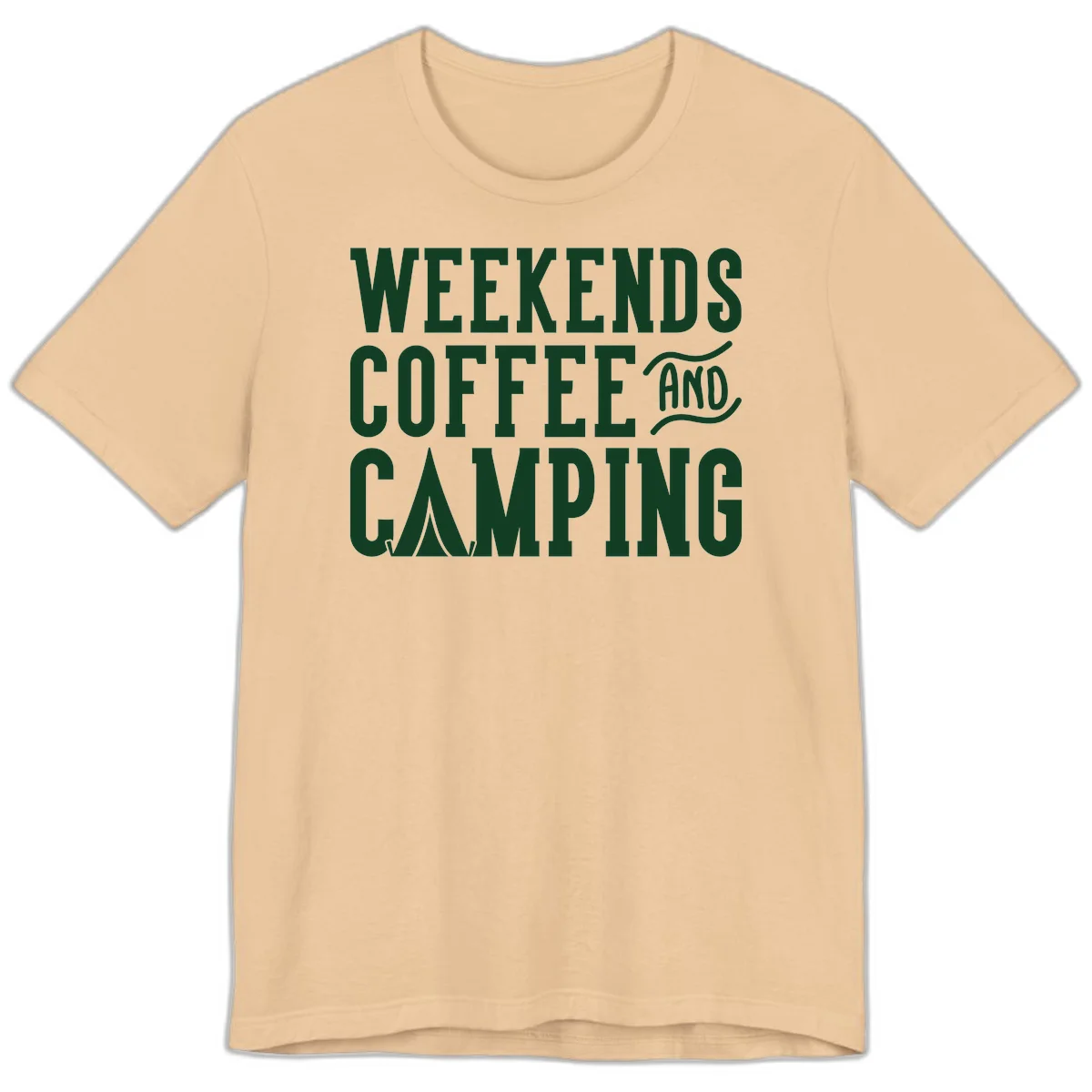 Dark green text reading 'Weekends Coffee And Camping' with tent icon on gray background in Sand Dune